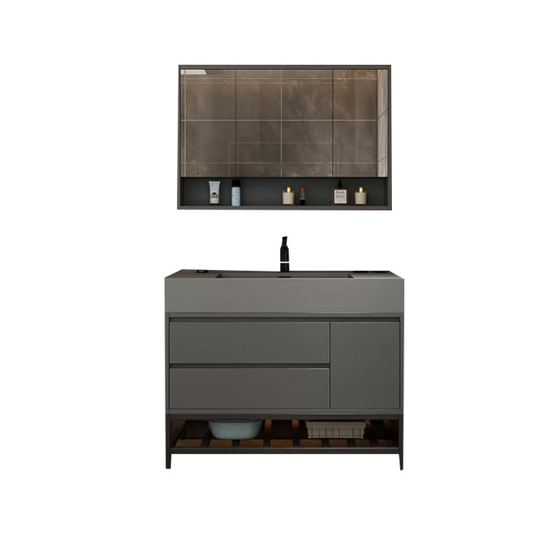 Grey Vanity Set Single Sink Shelving Included Drawers Stone Top Bath Vanity with Mirror