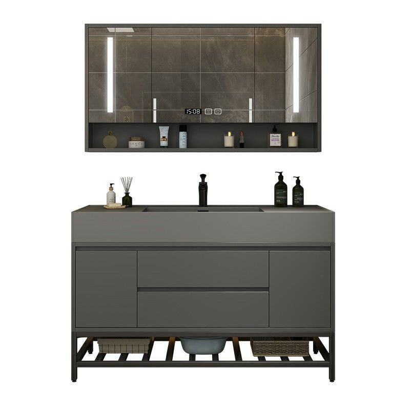 Grey Vanity Set Single Sink Shelving Included Drawers Stone Top Bath Vanity with Mirror