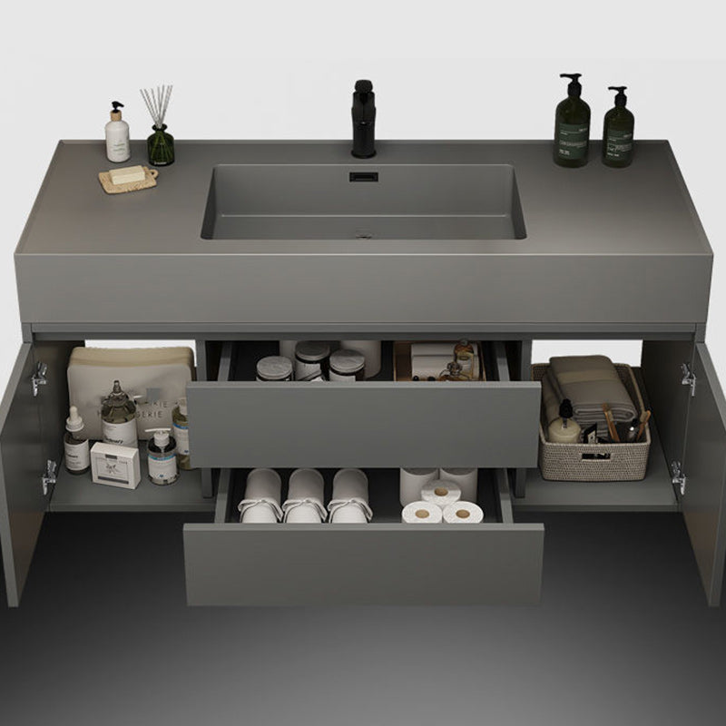 Grey Vanity Set Single Sink Shelving Included Drawers Stone Top Bath Vanity with Mirror