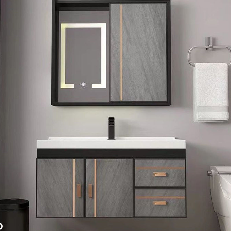 2 Doors Bathroom Vanity Grey Mirror Ceramic Top Wall Mount Vanity Set with Single Sink