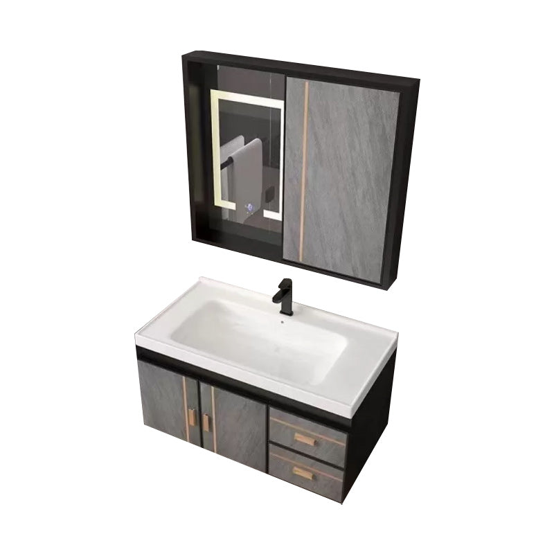 2 Doors Bathroom Vanity Grey Mirror Ceramic Top Wall Mount Vanity Set with Single Sink