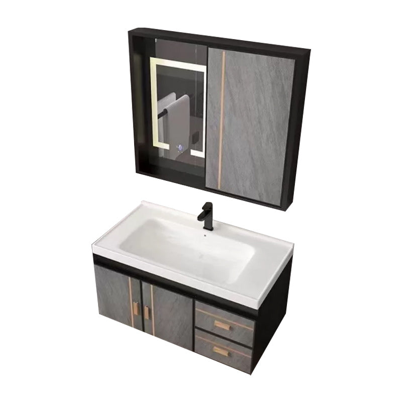 2 Doors Bathroom Vanity Grey Mirror Ceramic Top Wall Mount Vanity Set with Single Sink