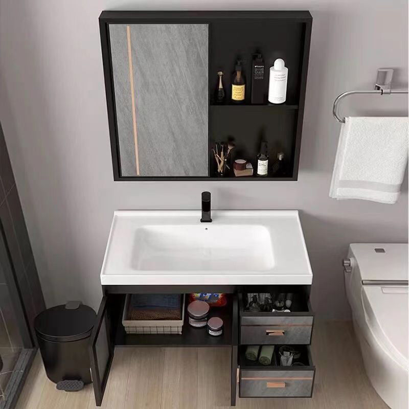 2 Doors Bathroom Vanity Grey Mirror Ceramic Top Wall Mount Vanity Set with Single Sink