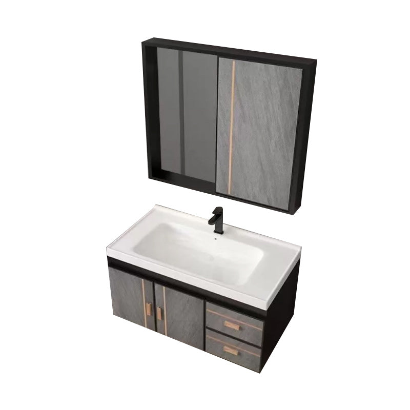 2 Doors Bathroom Vanity Grey Mirror Ceramic Top Wall Mount Vanity Set with Single Sink