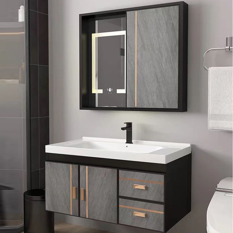 2 Doors Bathroom Vanity Grey Mirror Ceramic Top Wall Mount Vanity Set with Single Sink