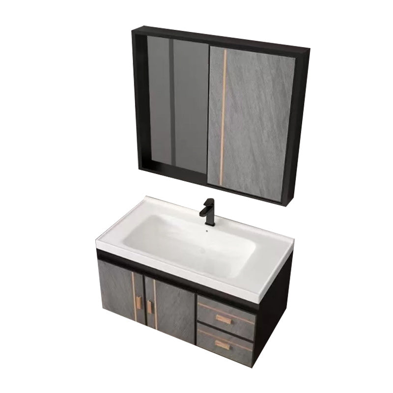 2 Doors Bathroom Vanity Grey Mirror Ceramic Top Wall Mount Vanity Set with Single Sink