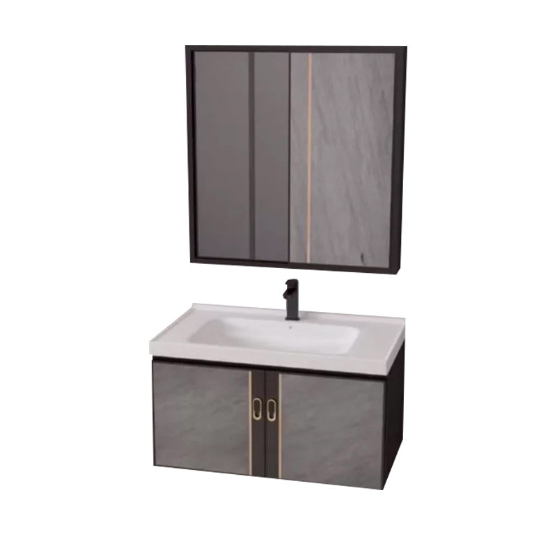 2 Doors Bathroom Vanity Grey Mirror Ceramic Top Wall Mount Vanity Set with Single Sink