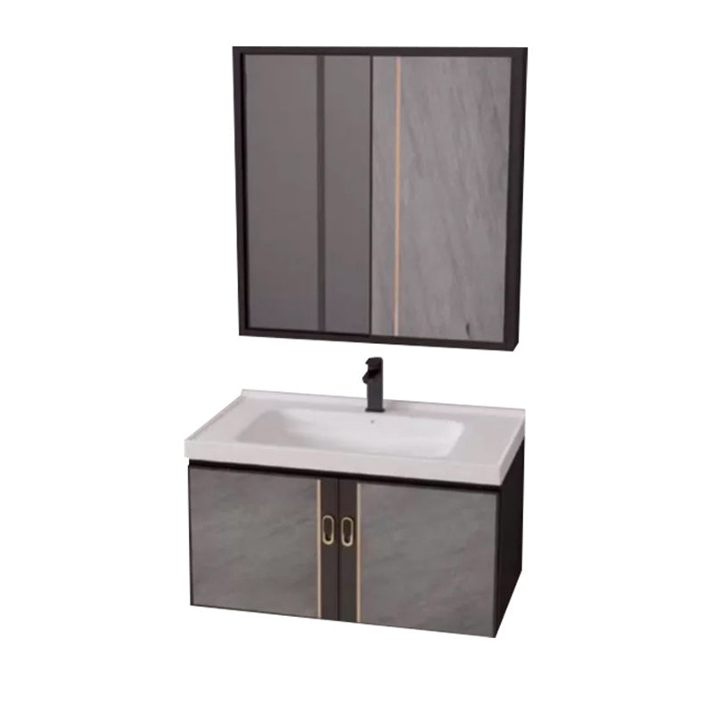 2 Doors Bathroom Vanity Grey Mirror Ceramic Top Wall Mount Vanity Set with Single Sink