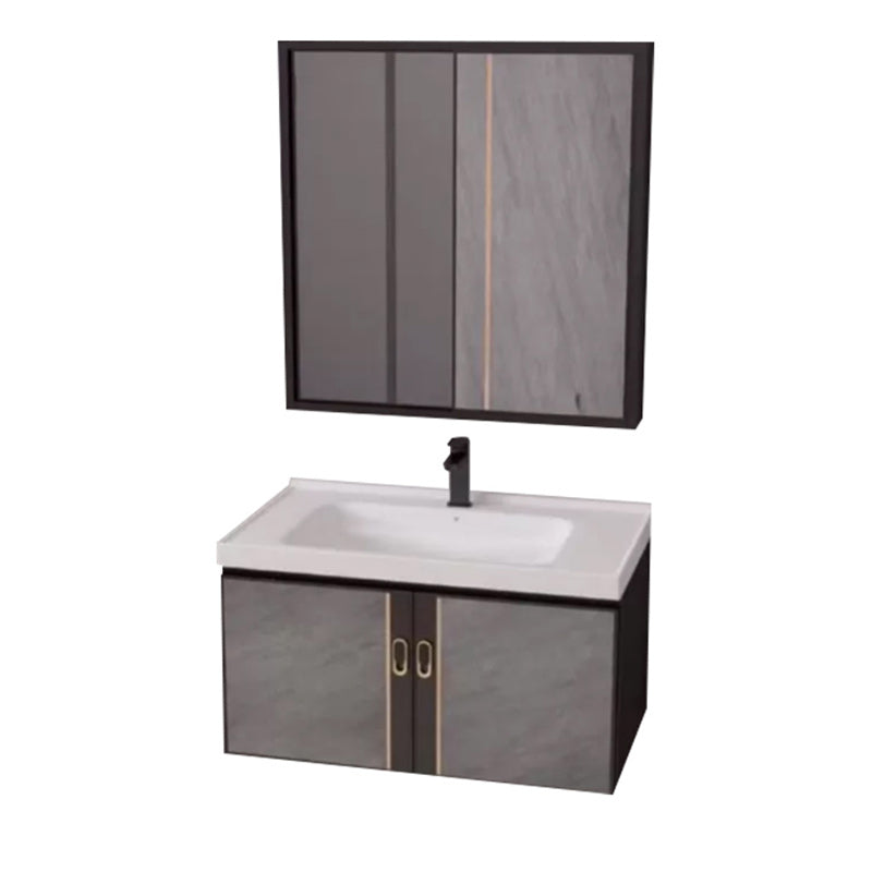 2 Doors Bathroom Vanity Grey Mirror Ceramic Top Wall Mount Vanity Set with Single Sink