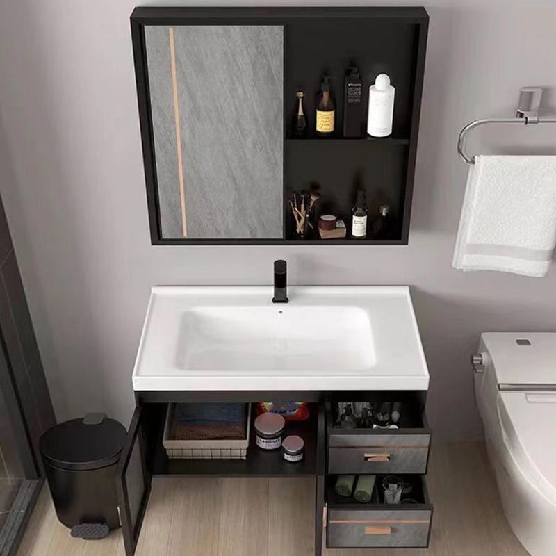 2 Doors Bathroom Vanity Grey Mirror Ceramic Top Wall Mount Vanity Set with Single Sink