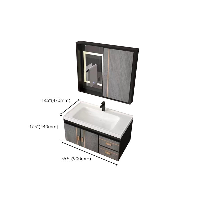 2 Doors Bathroom Vanity Grey Mirror Ceramic Top Wall Mount Vanity Set with Single Sink