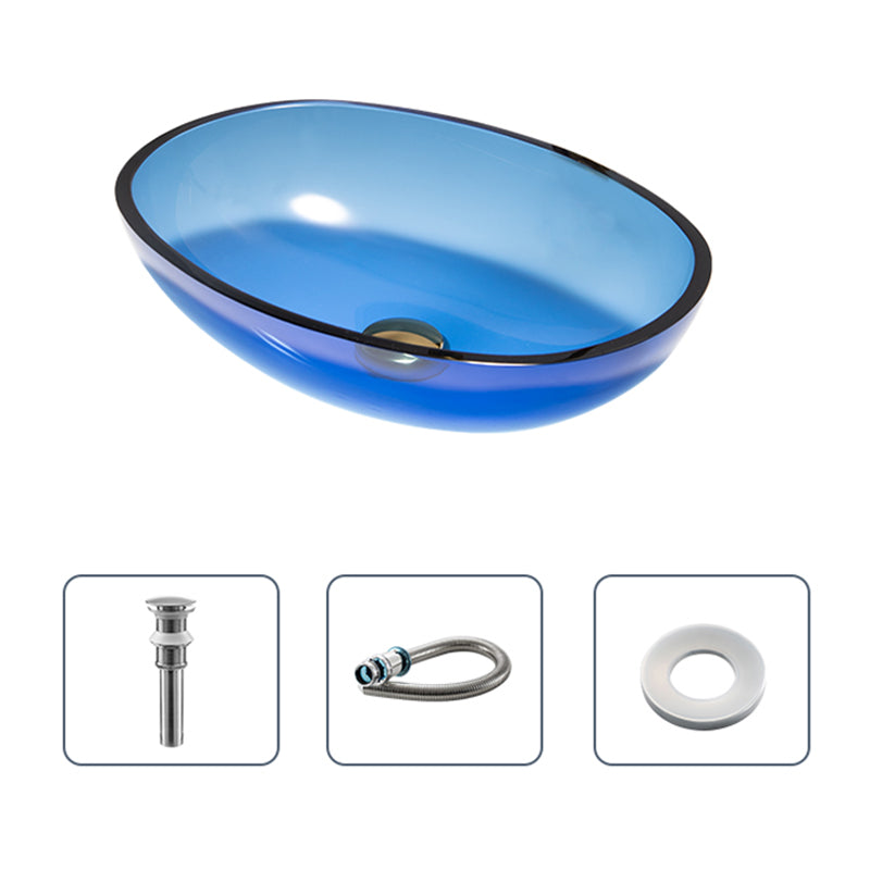 Modern Vessel Sink Oval Glass with Pop-Up Drain and Faucet Vessel Bathroom Sink