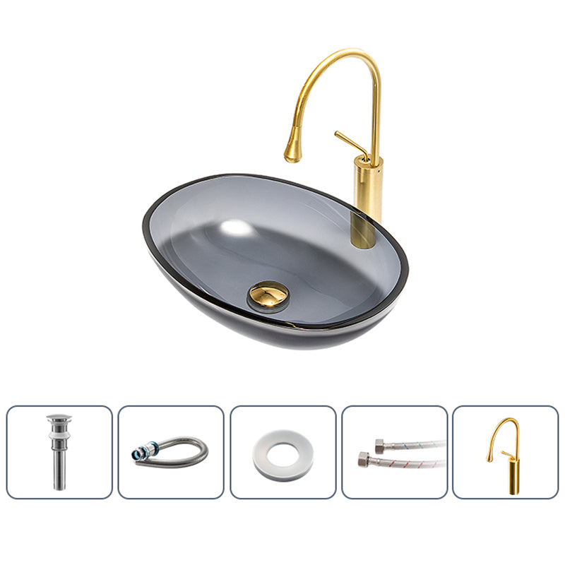 Modern Vessel Sink Oval Glass with Pop-Up Drain and Faucet Vessel Bathroom Sink