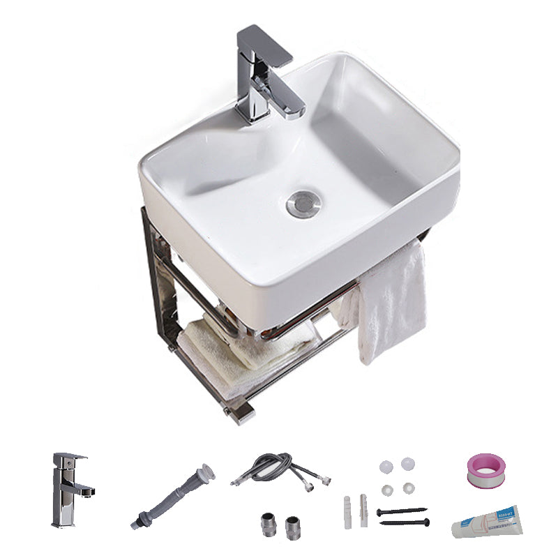 Modern Wall Mount Bathroom Sink Porcelain with Pop-Up Drain and Faucet Vessel Sink