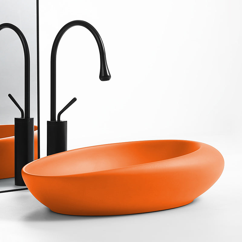 Modern Vessel Bathroom Sink Oval Porcelain with Pop-Up Drain Wash Stand