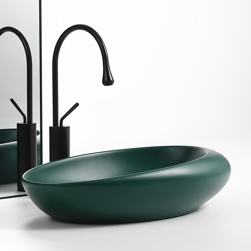 Modern Vessel Bathroom Sink Oval Porcelain with Pop-Up Drain Wash Stand