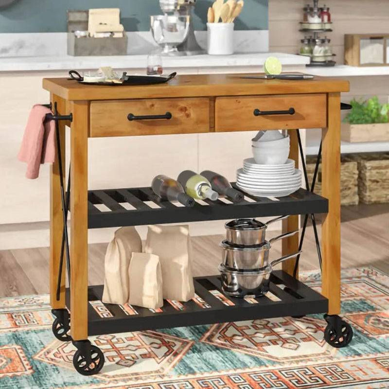 Contemporary Wood Kitchen Cart Rolling Metal Kitchen Cart with Open Storage