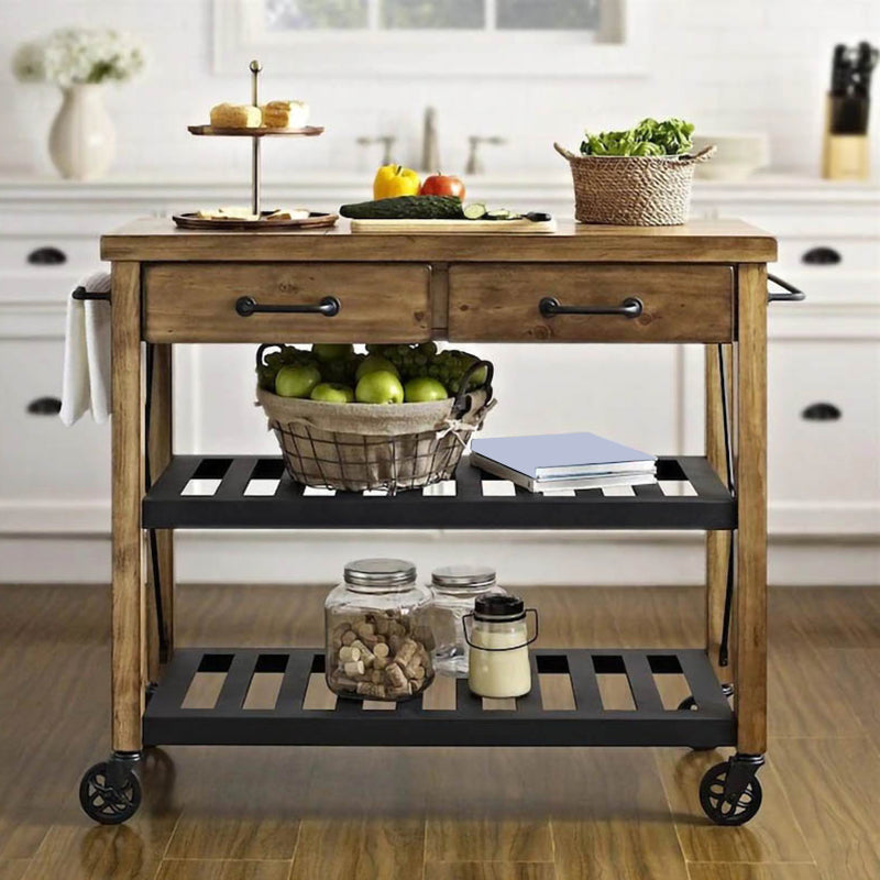Contemporary Wood Kitchen Cart Rolling Metal Kitchen Cart with Open Storage