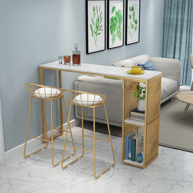 Gold Base Pub Table Faux Marble and White Bar Table with 2 Shelves