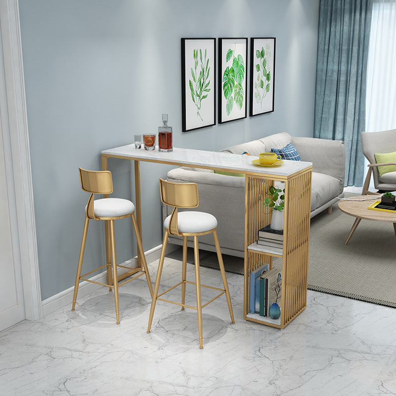 Gold Base Pub Table Faux Marble and White Bar Table with 2 Shelves