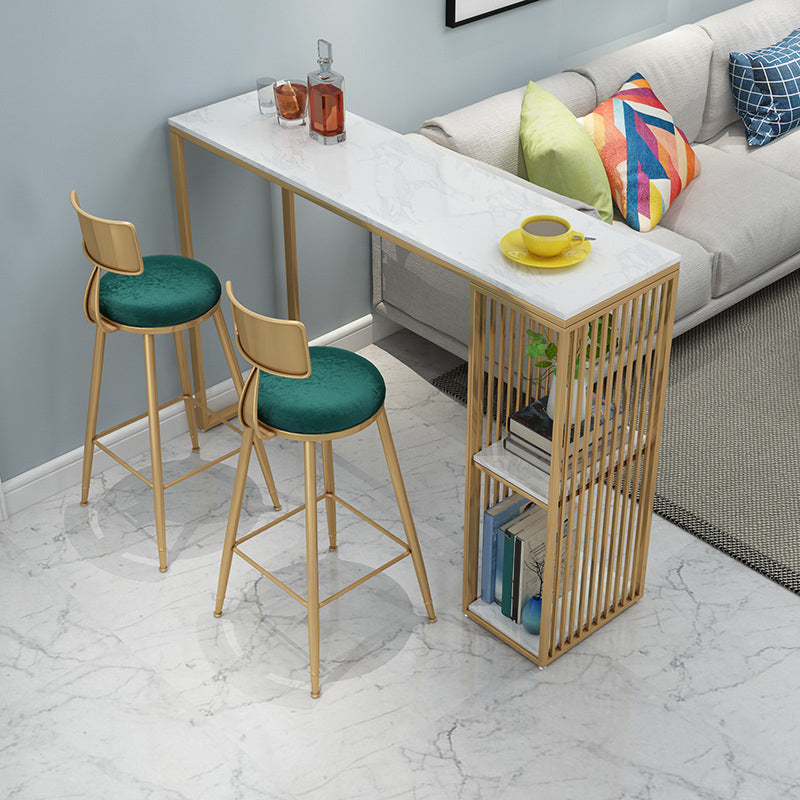 Gold Base Pub Table Faux Marble and White Bar Table with 2 Shelves