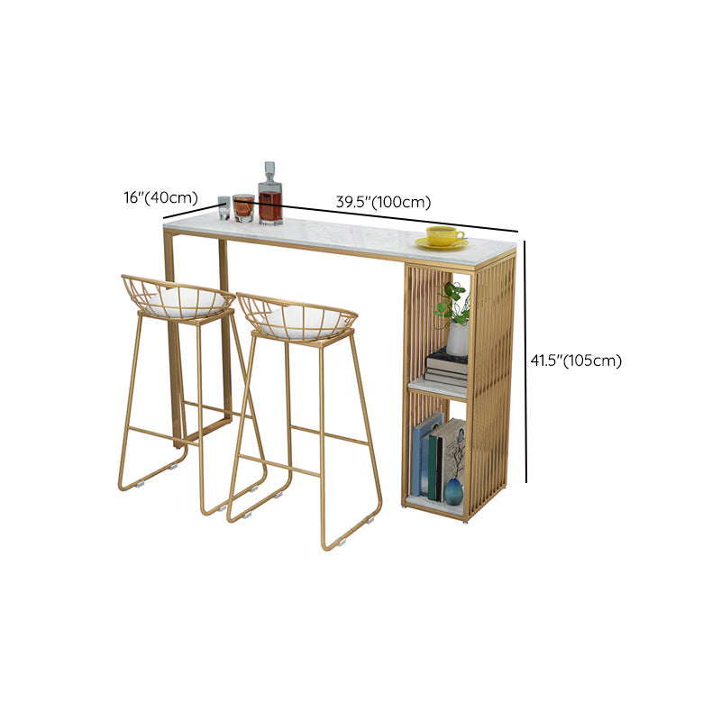 Gold Base Pub Table Faux Marble and White Bar Table with 2 Shelves