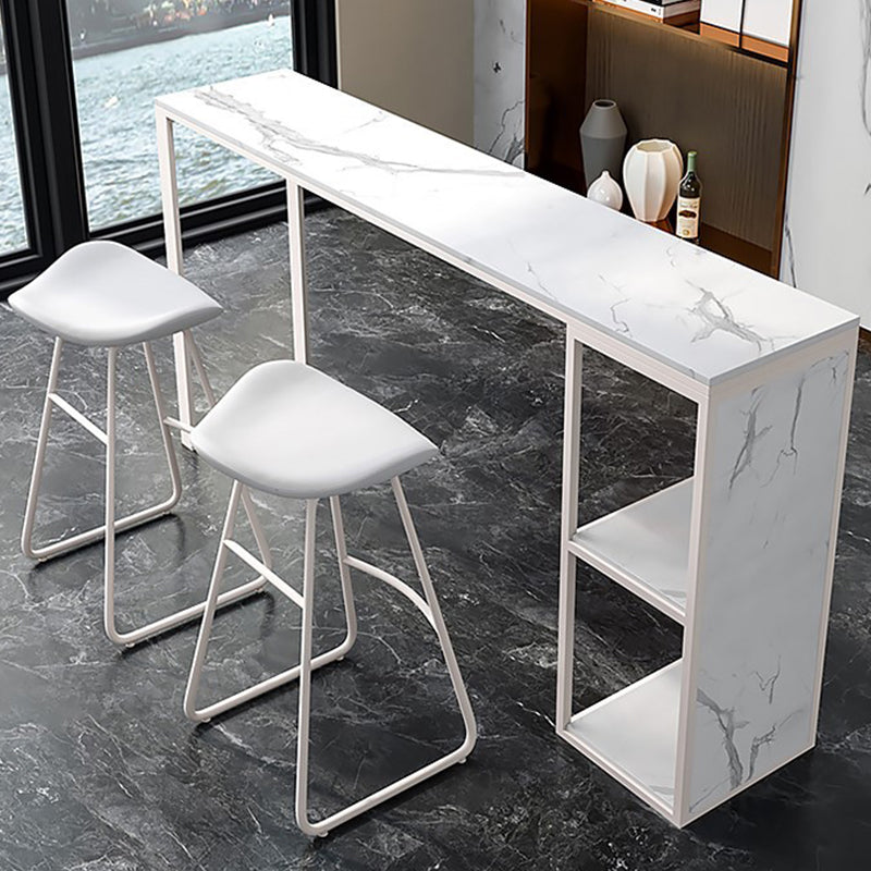 Glam Rectangle Bar Table Faux Marble Double Pedestal Table with Storage