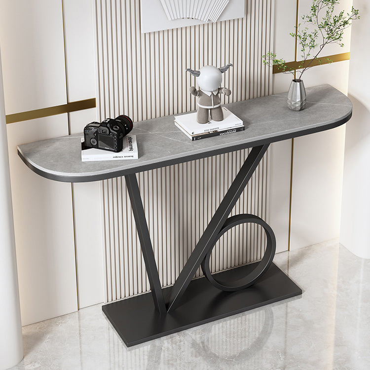31.5-inch Tall Hall Console Table Stone Half Moon End Table with 1 Shelf