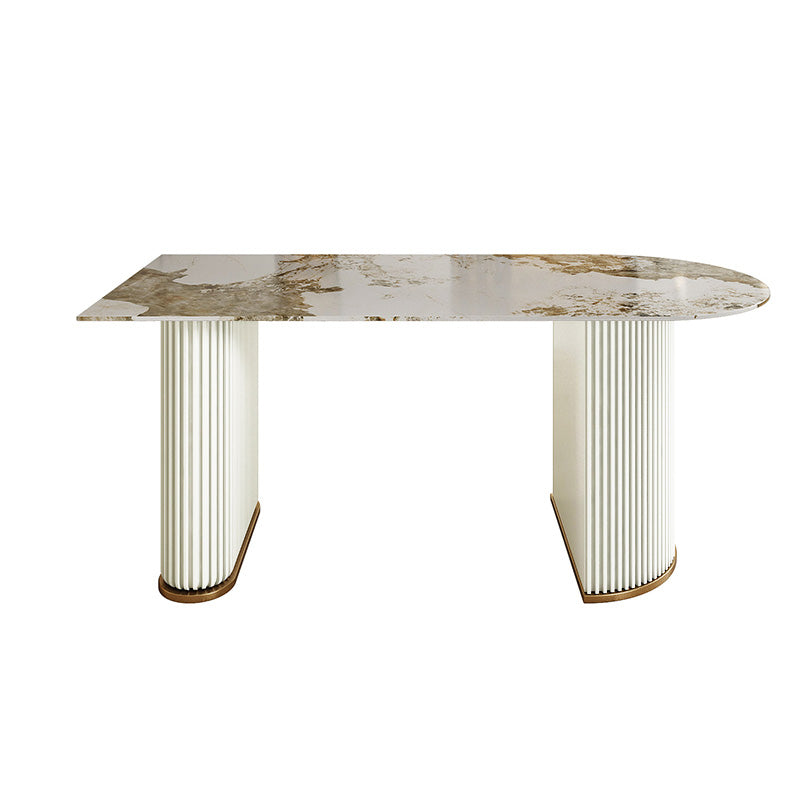 Free Form Stone Dining Table Iron Double Pedestal Table in White