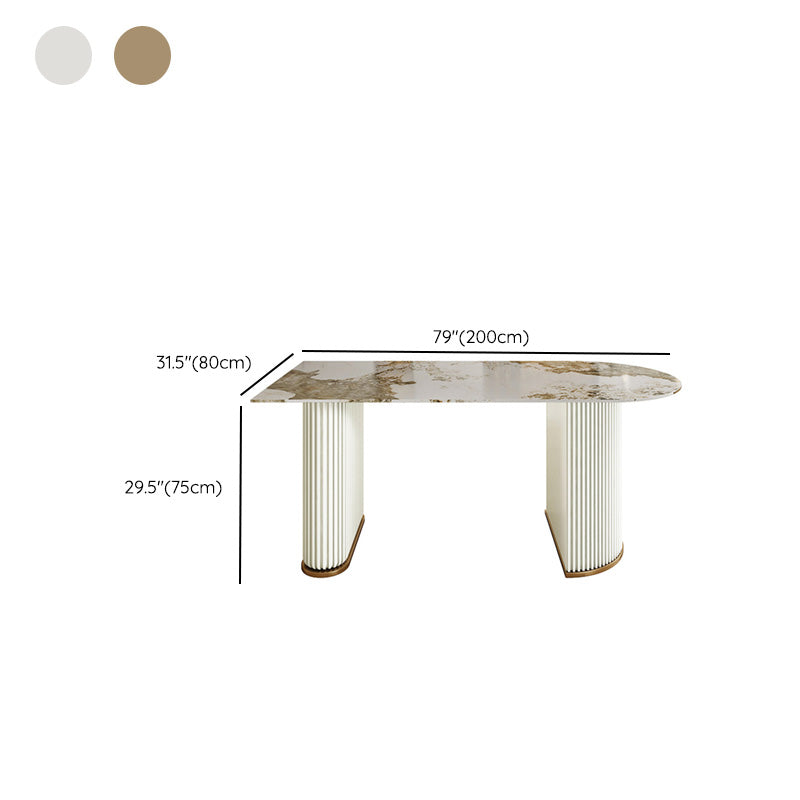 Free Form Stone Dining Table Iron Double Pedestal Table in White