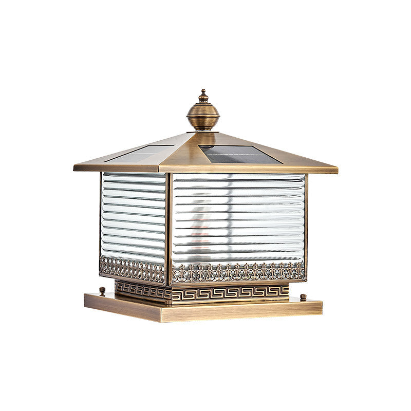 Rectangle Shape Metal Pillar Lamp Modern Style 1 Light Solar Outdoor Light in Brass