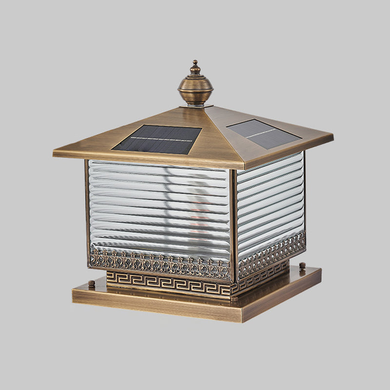Rectangle Shape Metal Pillar Lamp Modern Style 1 Light Solar Outdoor Light in Brass