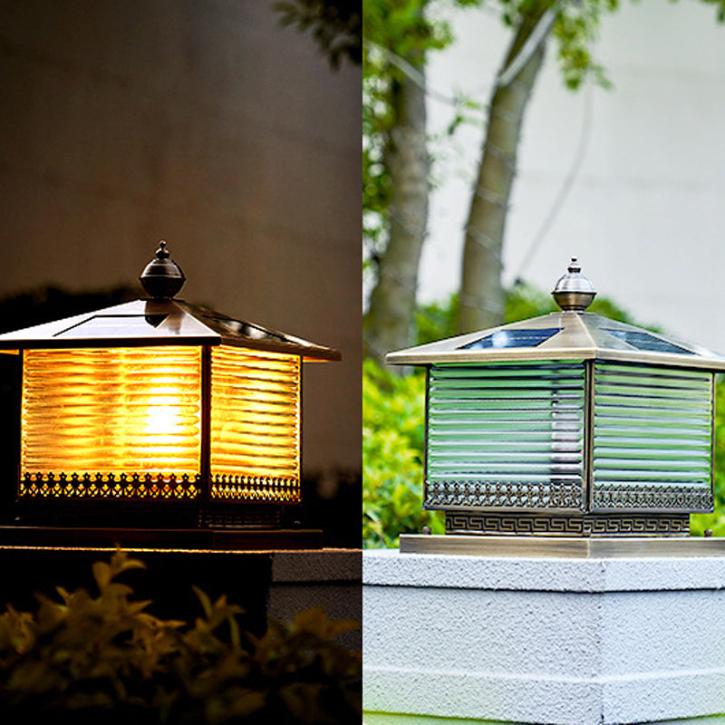 Rectangle Shape Metal Pillar Lamp Modern Style 1 Light Solar Outdoor Light in Brass