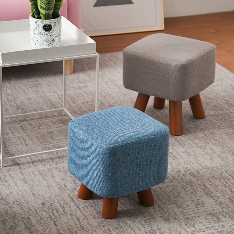 Square Pouf Stool Pure Color Cotton Linen Upholstered Wood Frame Pouf Ottoman