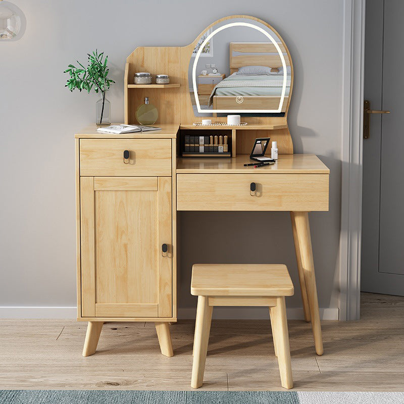 Rubberwood Vanity Set with Stool and Mirror Scandinavian Drawers Dresser