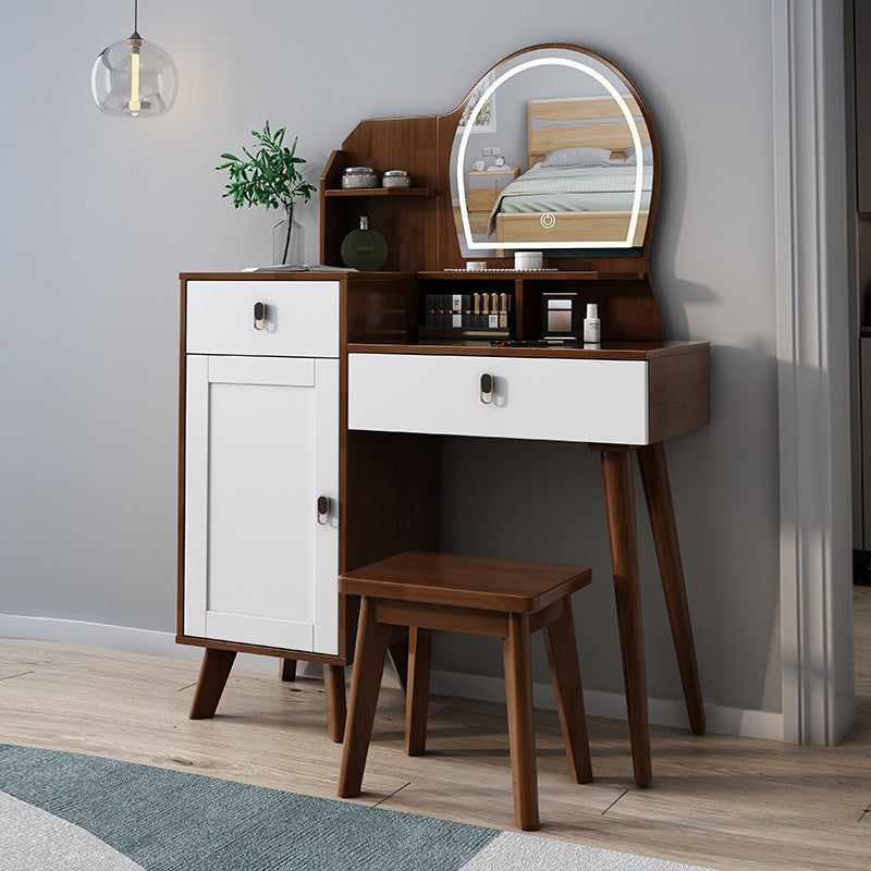 Rubberwood Vanity Set with Stool and Mirror Scandinavian Drawers Dresser