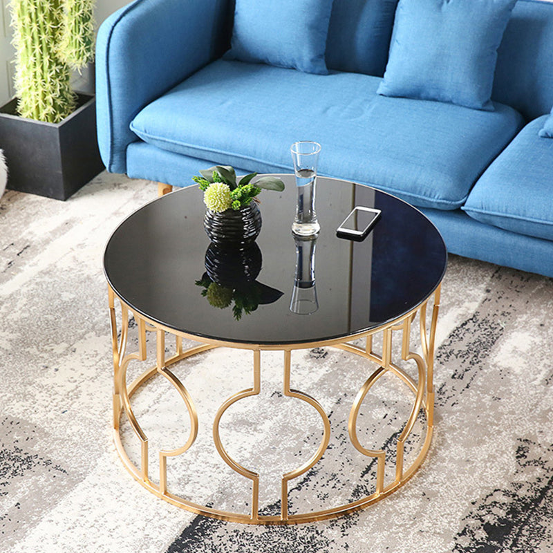 Contemporary Round Glass Coffee Table Brass Metal Frame 1 Single Cocktail Table