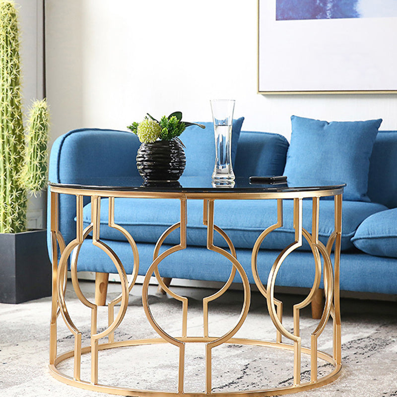 Contemporary Round Glass Coffee Table Brass Metal Frame 1 Single Cocktail Table