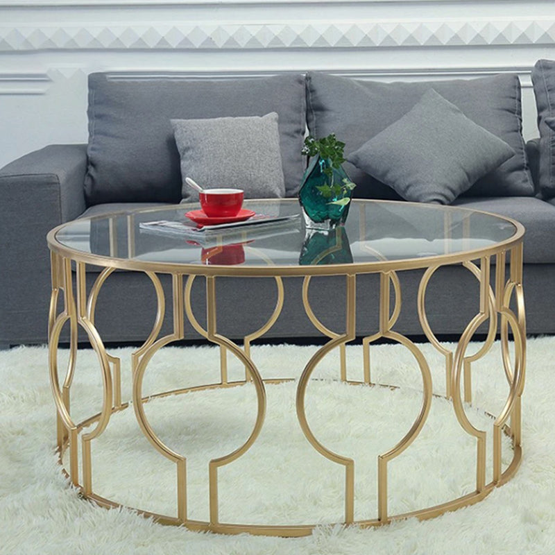 Contemporary Round Glass Coffee Table Brass Metal Frame 1 Single Cocktail Table