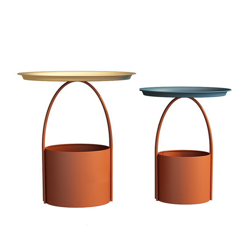 Round Tray Top Coffee Table Iron Pedestal Cocktail Table with Storage