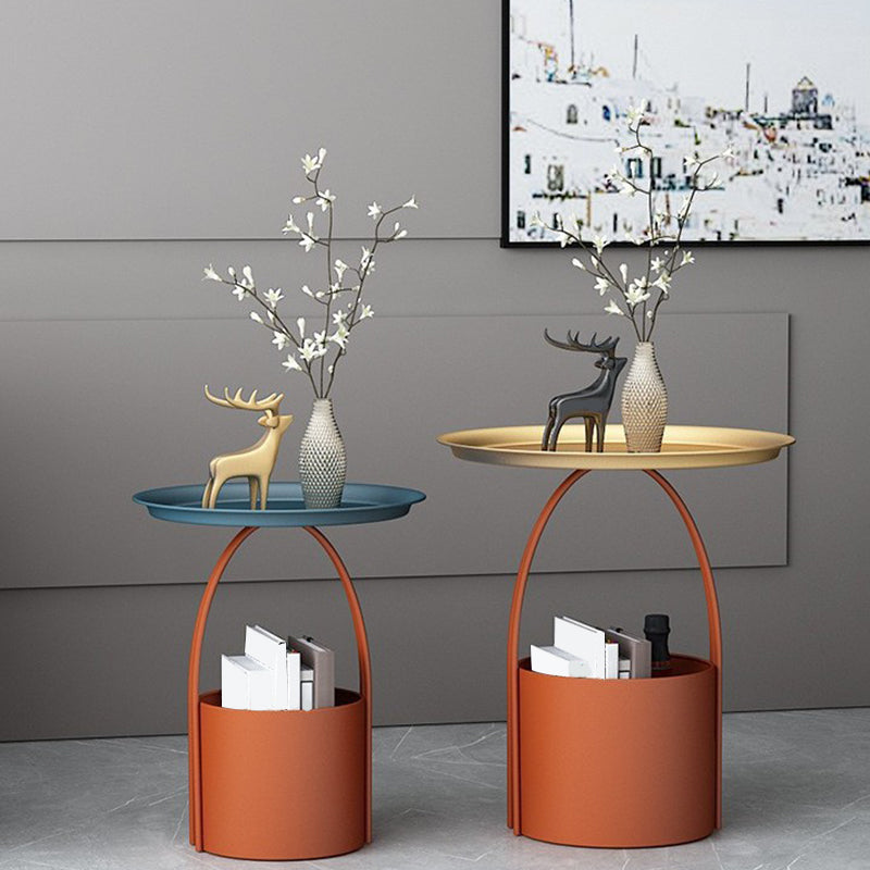 Round Tray Top Coffee Table Iron Pedestal Cocktail Table with Storage
