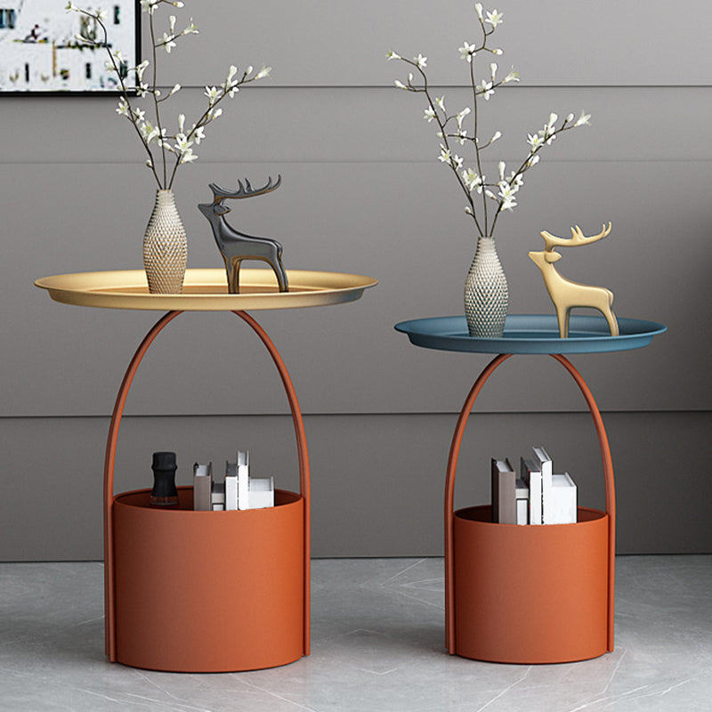 Round Tray Top Coffee Table Iron Pedestal Cocktail Table with Storage