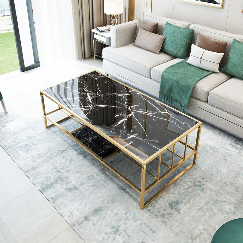 Glam Rectangle Coffee Table with Golden Sled Base and Storage Shelf