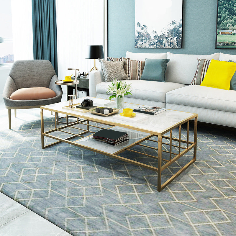 Glam Rectangle Coffee Table with Golden Sled Base and Storage Shelf