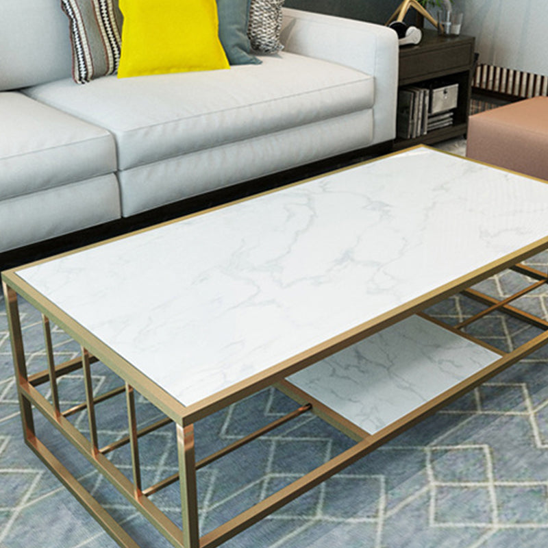 Glam Rectangle Coffee Table with Golden Sled Base and Storage Shelf