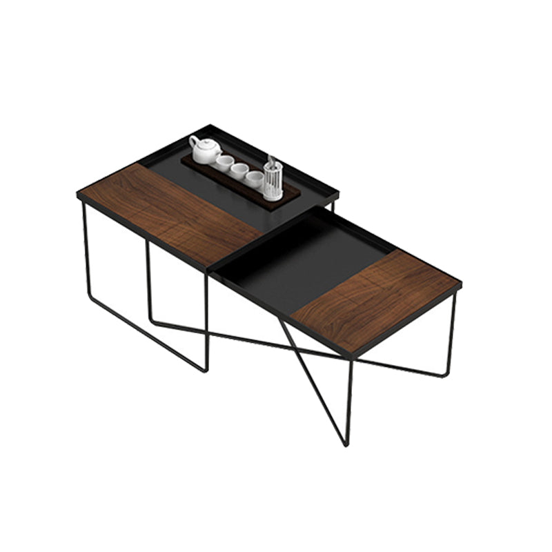 Mid-Century Modern Metal & Wood Coffee Table Cross Legs Cocktail Table Set