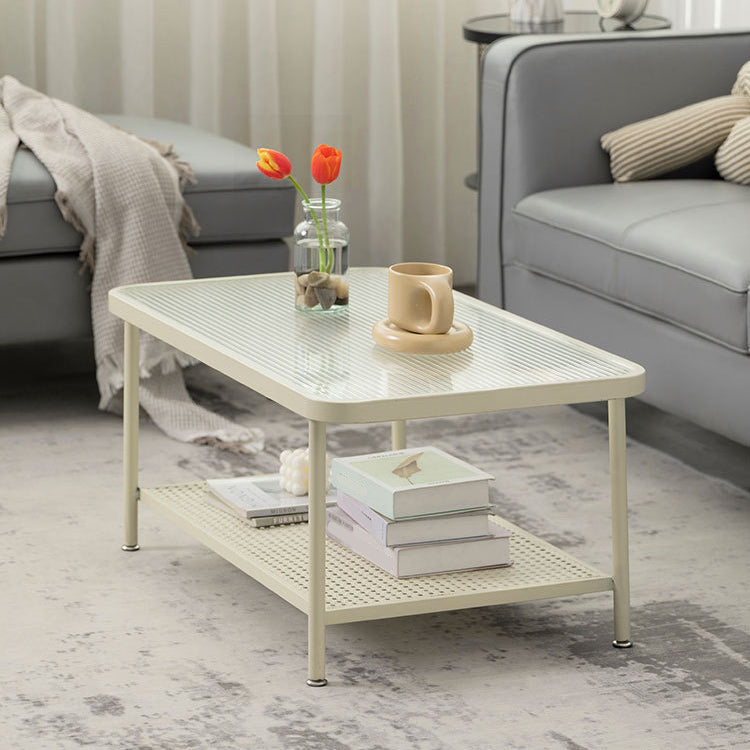 Glass Top Coffee Table 4 Legs Coffee Cocktail Table with Shelf