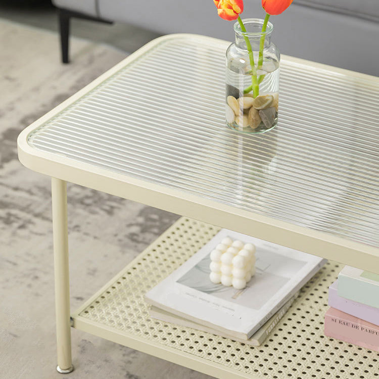 Glass Top Coffee Table 4 Legs Coffee Cocktail Table with Shelf