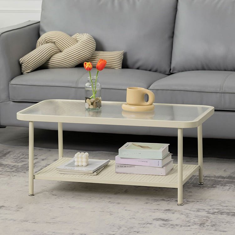 Glass Top Coffee Table 4 Legs Coffee Cocktail Table with Shelf