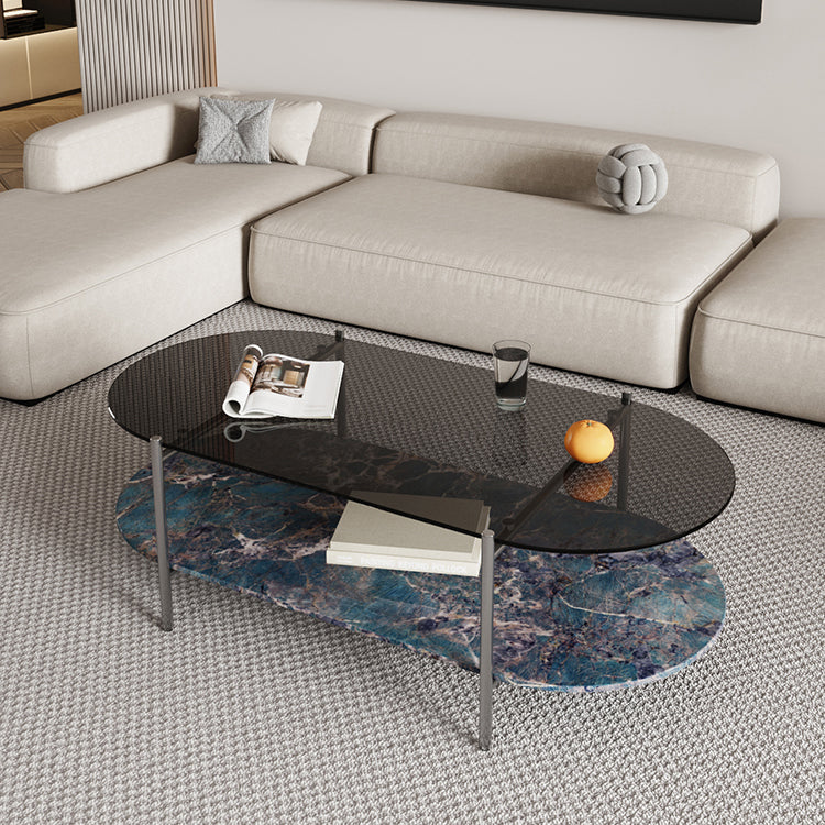 15.74" H Oval Glass Coffee Table Stainless Steel Sled Cocktail Table with Shelf